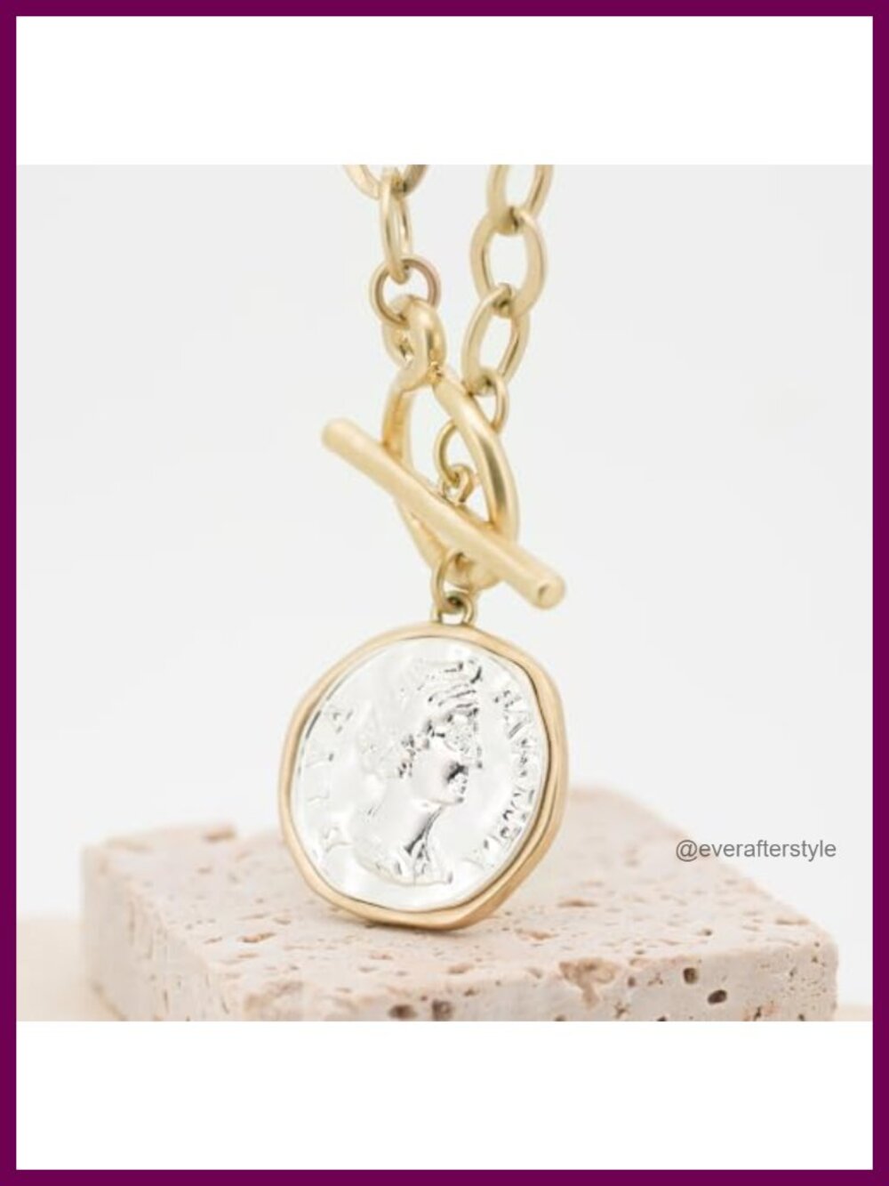 18K Gold Plated Chunky Coin Pendant Necklace, Toggle Chain - Picture 3 of 6